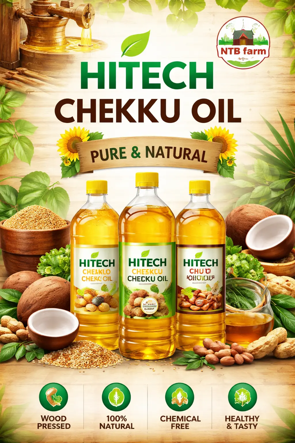 Wood Cold Pressed Groundnut and Sesame Oil Bottles